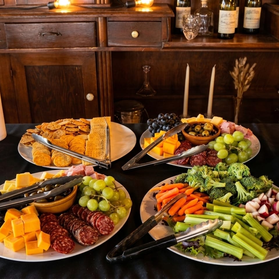 Buffet spread featuring charcuterie, cheeses, grapes, crackers, fresh vegetables, dipping sauces, and a covered warming tray.