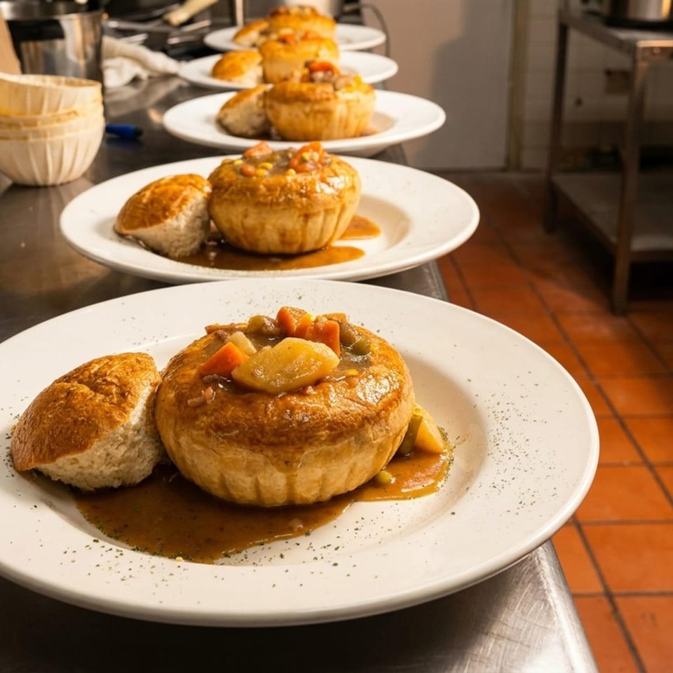 Plates of golden pastry-topped savory pies with vegetables and brown gravy lined up on a restaurant kitchen counter.