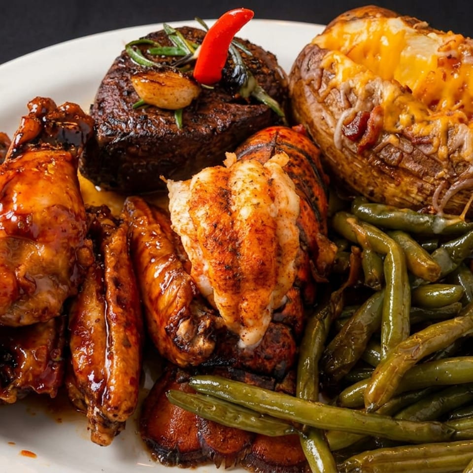 Hearty platter featuring glazed chicken wings, grilled steak, lobster tail, cheesy baked potato, and green beans.