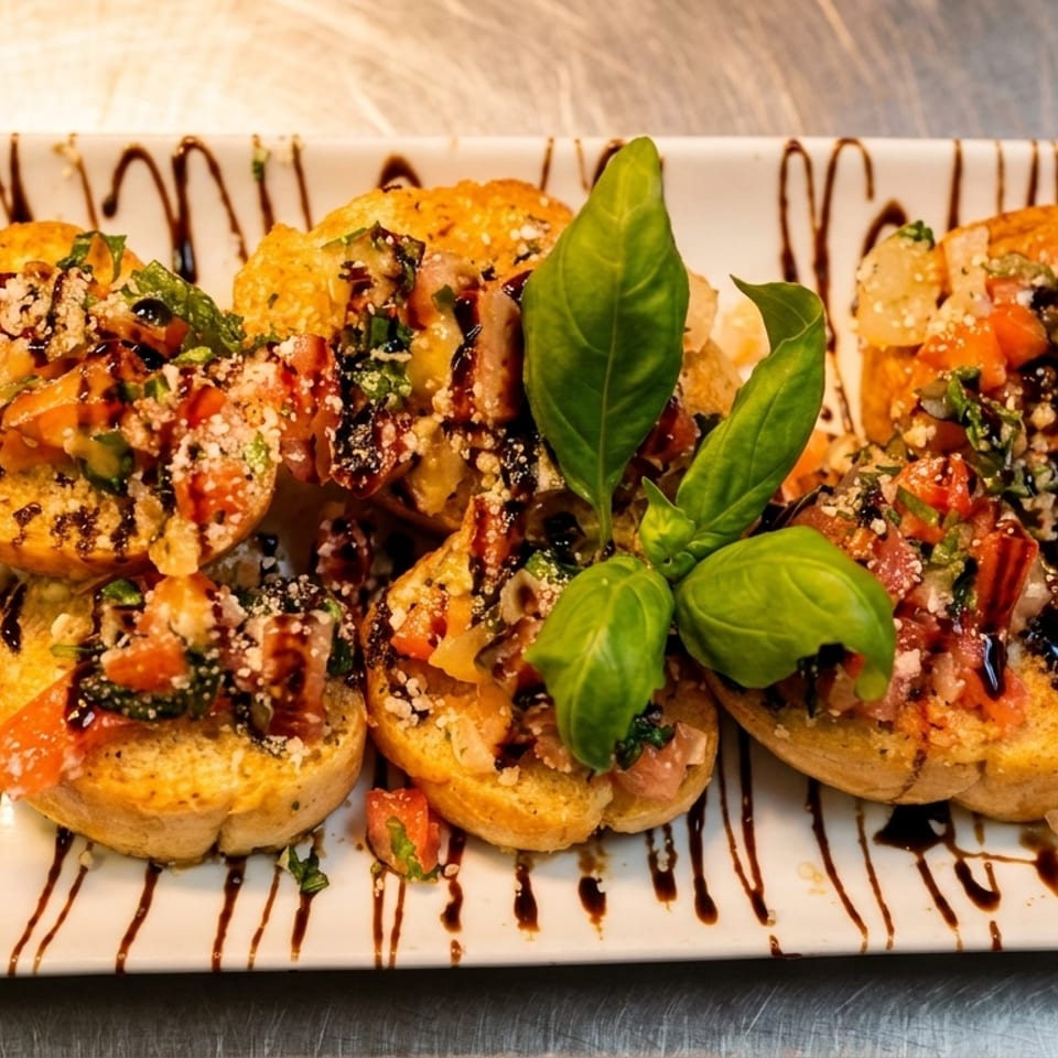 Platter of bruschetta topped with tomatoes, herbs, cheese, and balsamic glaze, garnished with fresh basil leaves.